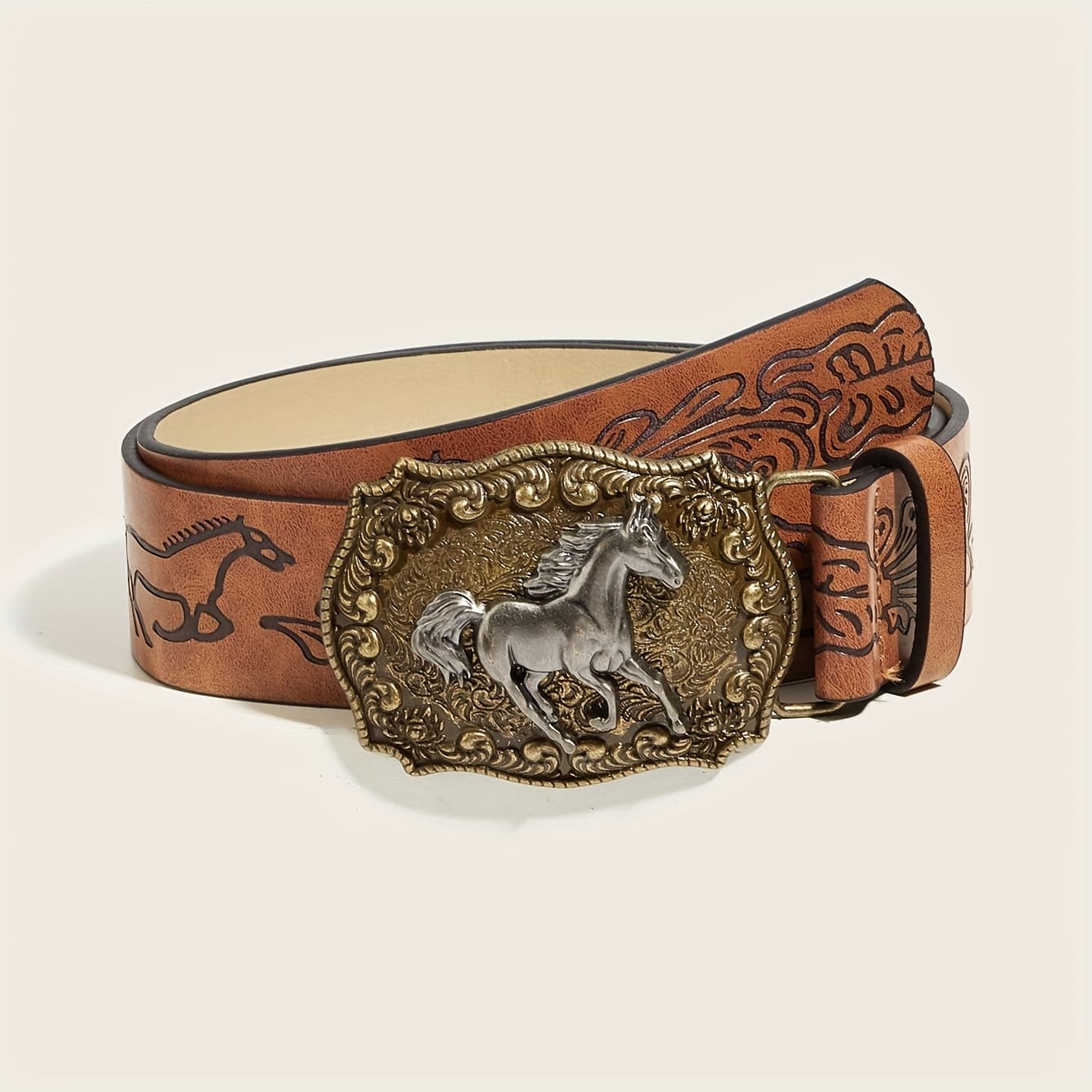 TEMU Unisex Retro Fashion Belt Business Casual Bohemian Style Western Belt Animal Elements Cow Horse Jeans Dress Suitable For Various Occasions