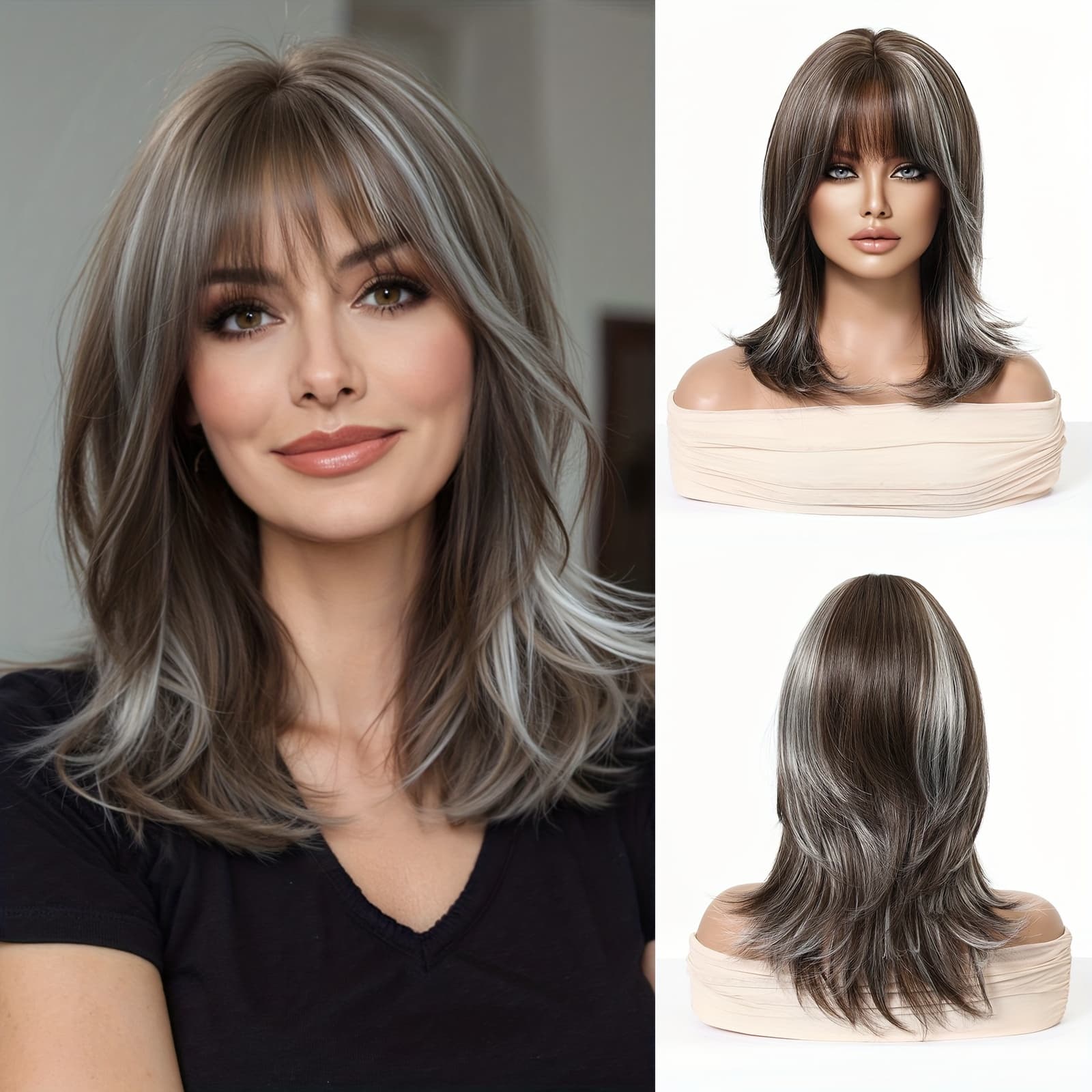 TEMU 16 Inch Elegant Brown With White Highlights, Mixed Dye Straight Short Style With Bangs, Layered Cut, Suitable For Daily And Vacations, Suitable For Christmas And New Year Gifts