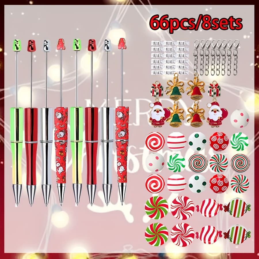 TEMU 66pcs Christmas & New Year Candy-themed Beaded Ballpoint Pen Set - Colorful 1mm Fine Point, Wooden & Plastic Kit For Office And Christmas & Halloween Gift