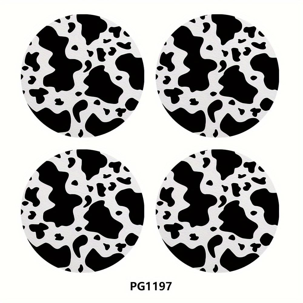 TEMU 4pcs Cute Cow Car Cup Coasters Compatible For All Vehicles - Black & White Pu Leather Non-slip Drink Holders, Hand Washable Auto Accessories With Cow Patterns (cows & Cows, Cows & Patches)