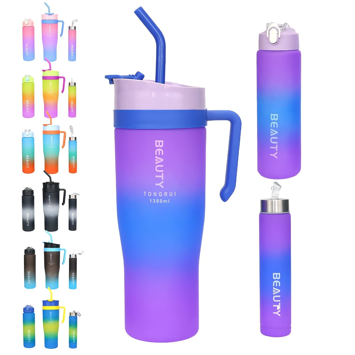 TEMU 3pcs Gradient Plastic Water Cup Set, 1380ml/46.6oz, 800ml/27oz, 280ml/9.5oz Leak Proof Portable Sports Large Capacity Straw Cup, Used In Cars, , Travel, And Sports.