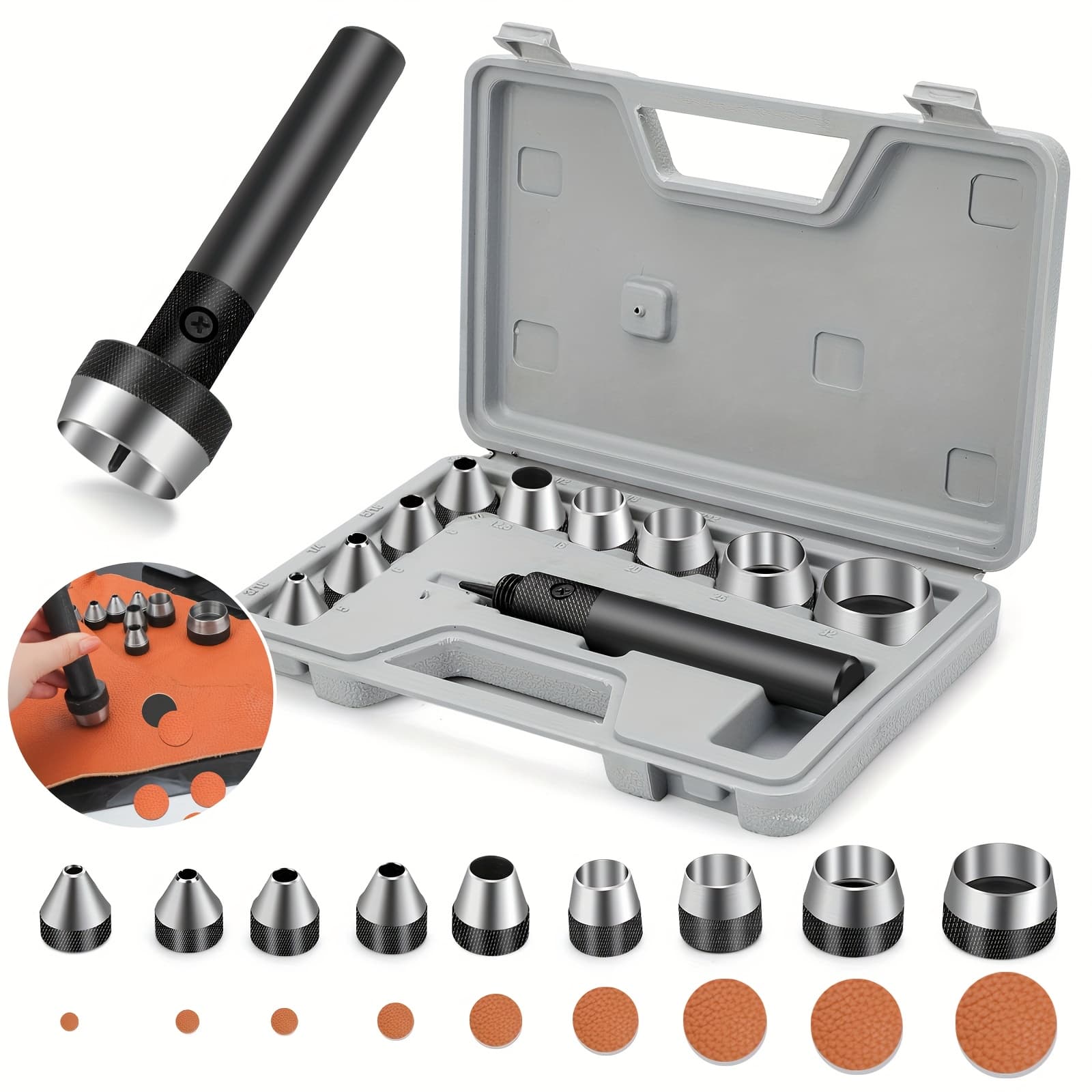 TEMU 10in1 Round Hollow Punch Set, Heavy Duty Leather Hole Tool With Handle, For Watch Straps, Wallets, Belts And Canvas, 5-32mm, For & Diy Enthusiasts, Linkstyle