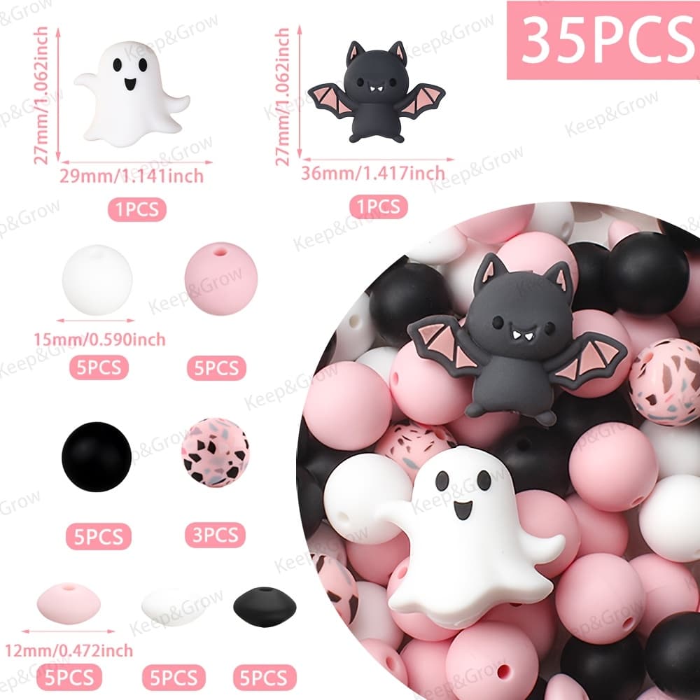 TEMU 35pcs 3d Halloween Theme Silicone Beads Set 15mm Bat Beads For Jewelry Making Crafts Pen Beaded Additions Beads And Bead Assortments
