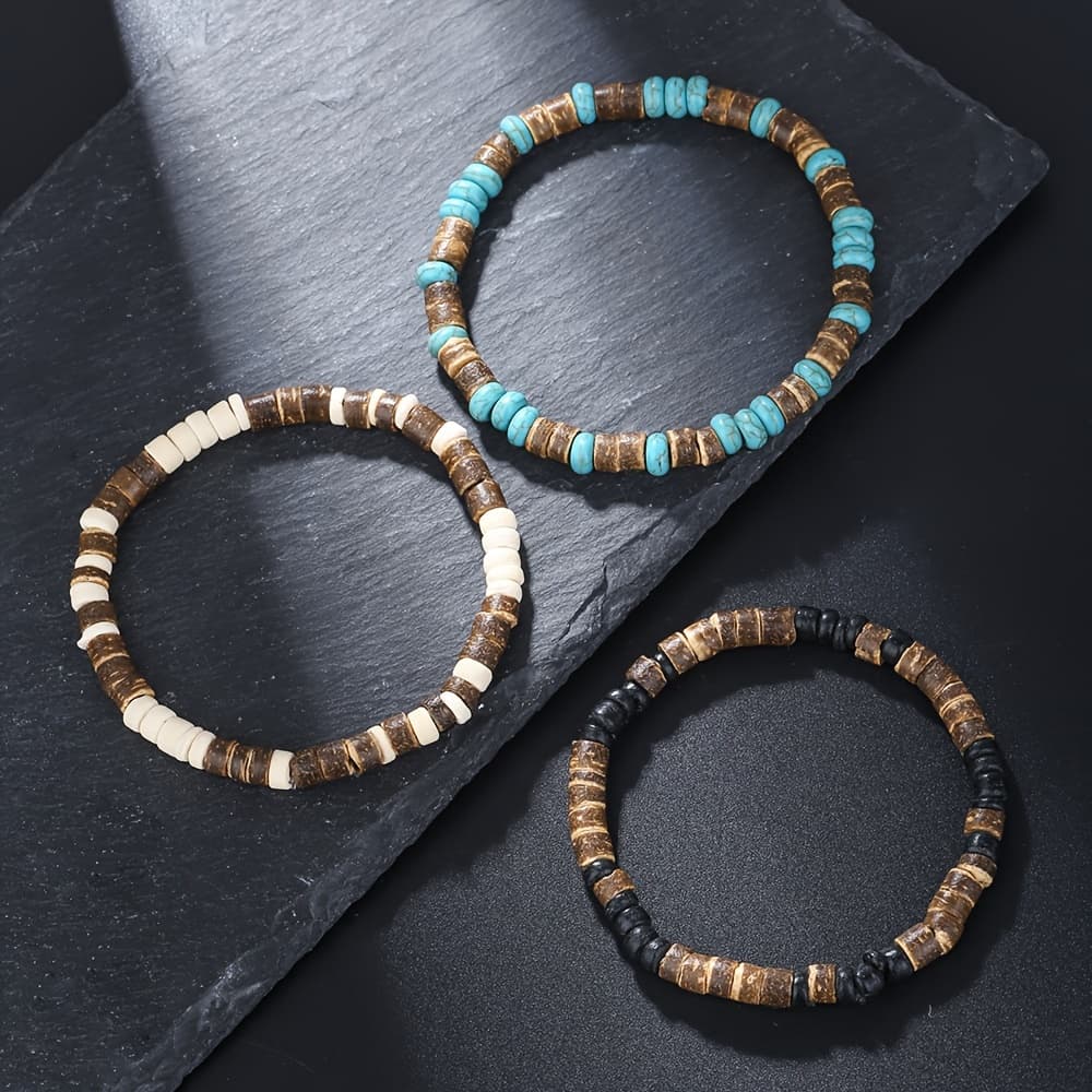 TEMU 5pcs Turquoise Wood Bead & Coconut Shell Bead Bracelets For Men - Beading, Color, Beads, Casual & Special Occasion, Multi-strand Versatile Wristwear (5-separate-bracelets)