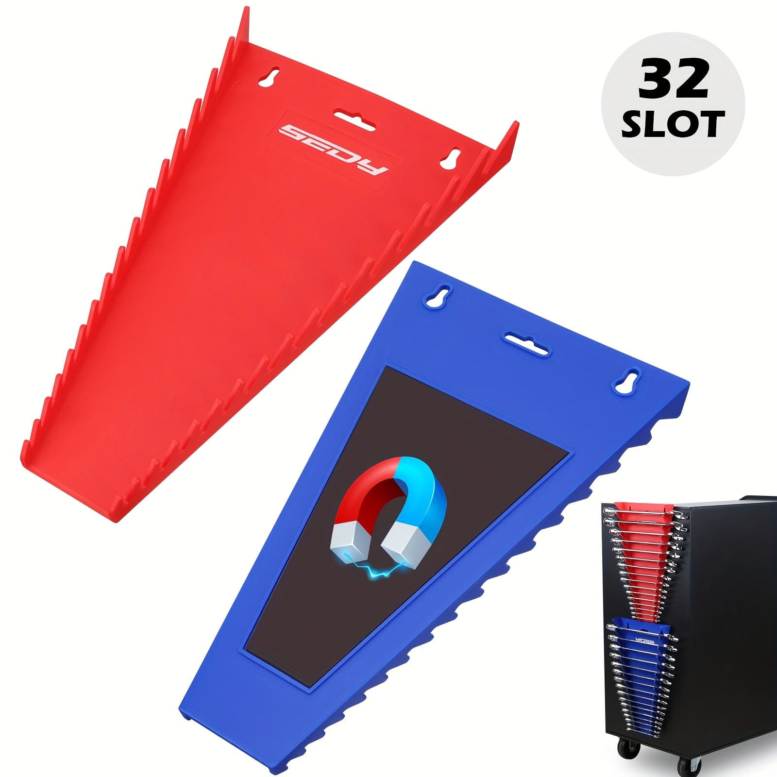 TEMU Sedy 2pcs Magnetic Wrench Organizer, 32-slot Premium Wrench Rack Holder Tool Trays For Toolboxes Drawer Storage, Sae (1/4" - 1-1/16") & Metric (6mm - 24mm