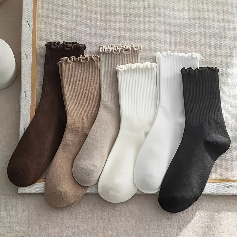 TEMU 6 Pairs Women' Color Mid-calf Socks With Trim - Soft Stackable Ribbed Texture, 6 Neutral Tones For Casual & Formal Outfits, Comfortable Casual Attire, Cute Socks, Elegant Sock Design