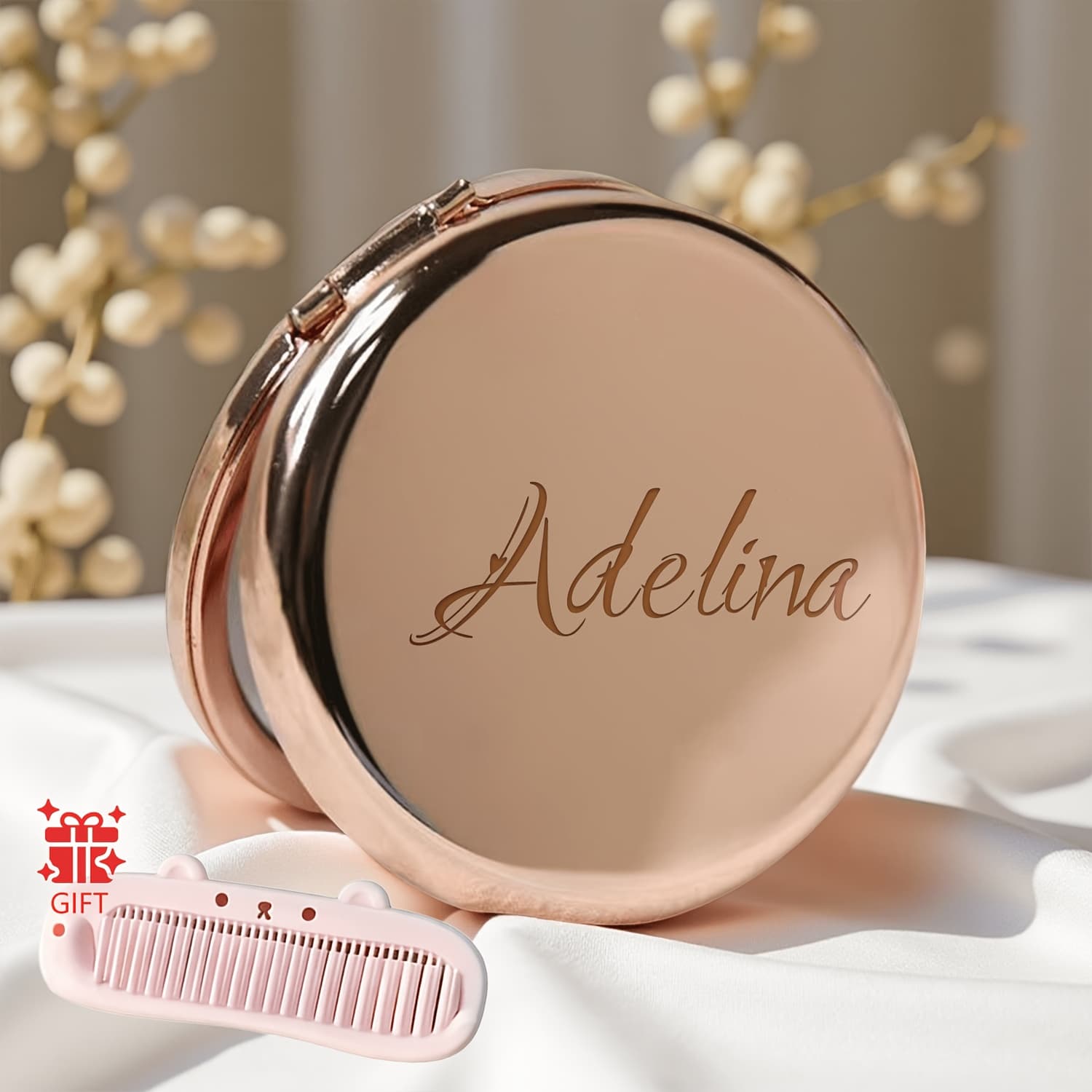 TEMU 1pc Personalized Compact Mirror Engraved Stainless Steel Round Gift For Birthday Wedding Appreciation