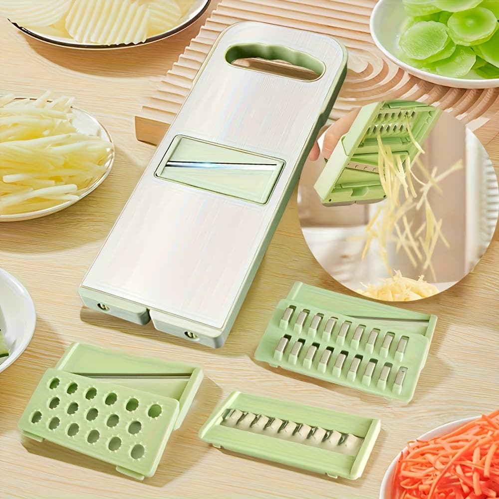TEMU Stainless Steel 6-in-1 Vegetable Slicer Set - Interchangeable For Julienne, Grater And Spiralizer | Manual Kitchen Tool For Potatoes, Carrots, With Safety Holder ()