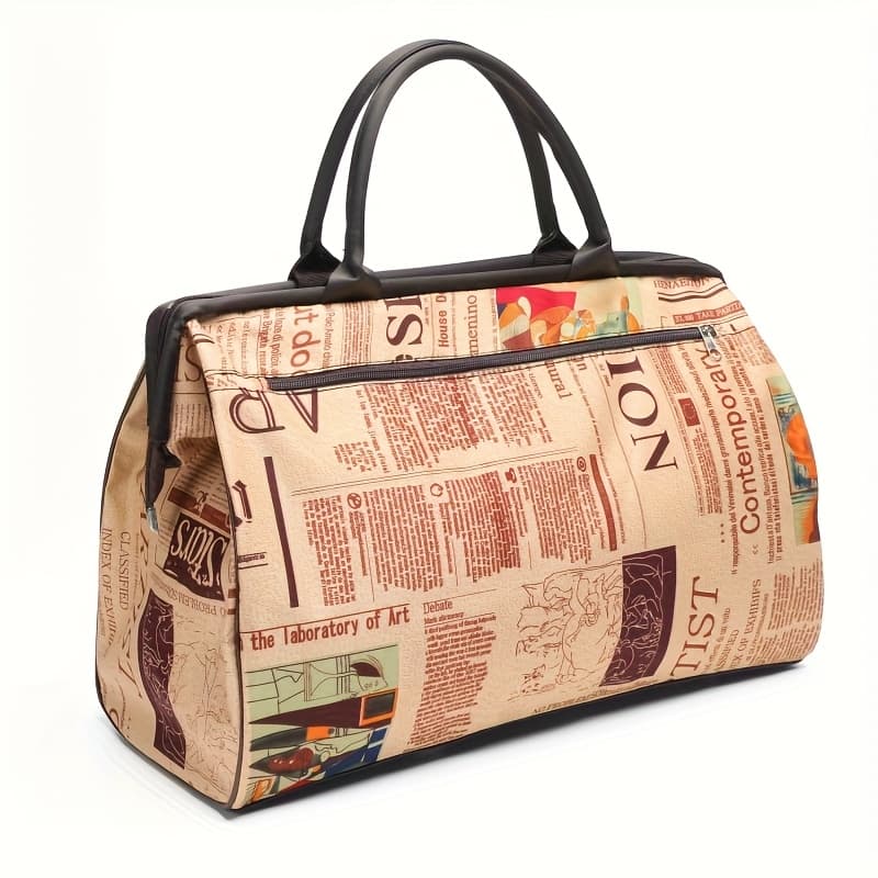 TEMU Women's Newspaper Print Tote Bag - High-quality Pattern, Fixed Shoulder Strap, Zipper Closure & Polyester Lining, Large Capacity Accessory