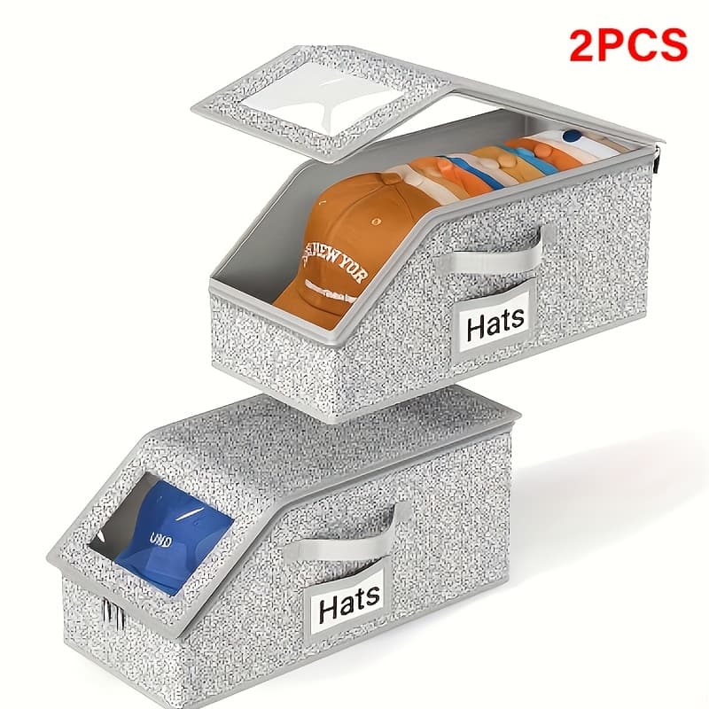 TEMU 2 Baseball Storage Boxes - Hat Organizer For Baseball Caps, Large Capacity Foldable, Stackable, Zippered Dustproof Closet Organizer, Suitable For Hats, Clothes, Durable Fabric Material