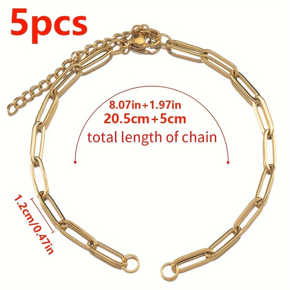 TEMU 5pcs 304 Stainless Steel Diy Adjustable Chain Paper Clip Chain With Lobster Clasp Adjustable Double Ring With Attached Pendant Accessories