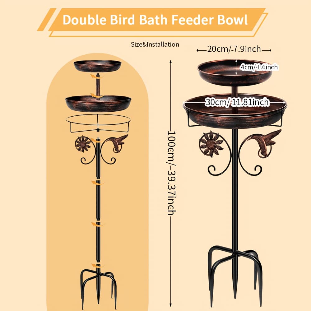 TEMU 40inch Heavy Duty Metal 2-tier Bird Bath - 7.9"+12" Large Capacity Bowl, 5-prong , Rustproof, Retro Bronze Outdoor Bird Feeder & Waterer For Garden Patio Decor, & Clean, Perfect For Bird Lovers