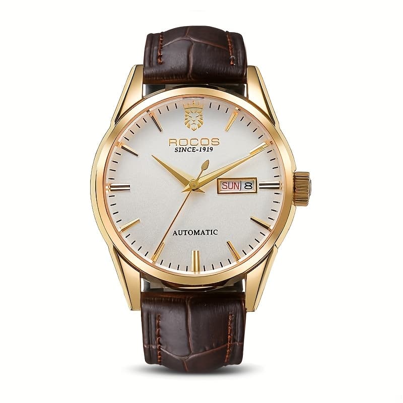 TEMU Men's Watches High-end Business Watch For Men Automatic Mechanical Watch Classic Hands Calfskin Strap Double Push Calendar Gift For Boyfriend