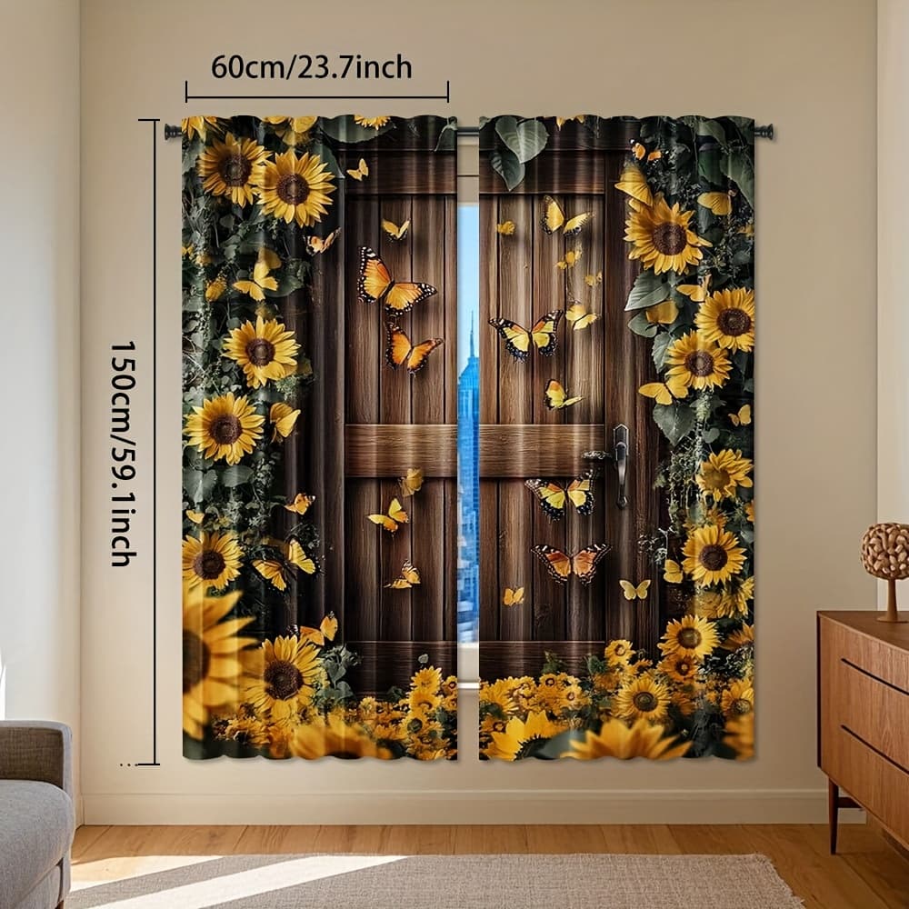 TEMU 2pcs, Sunflower Barn Curtain, Rustic Farmhouse Polyester Rod Pocket Drapes With And , High Quality And Durable, Machine Washable