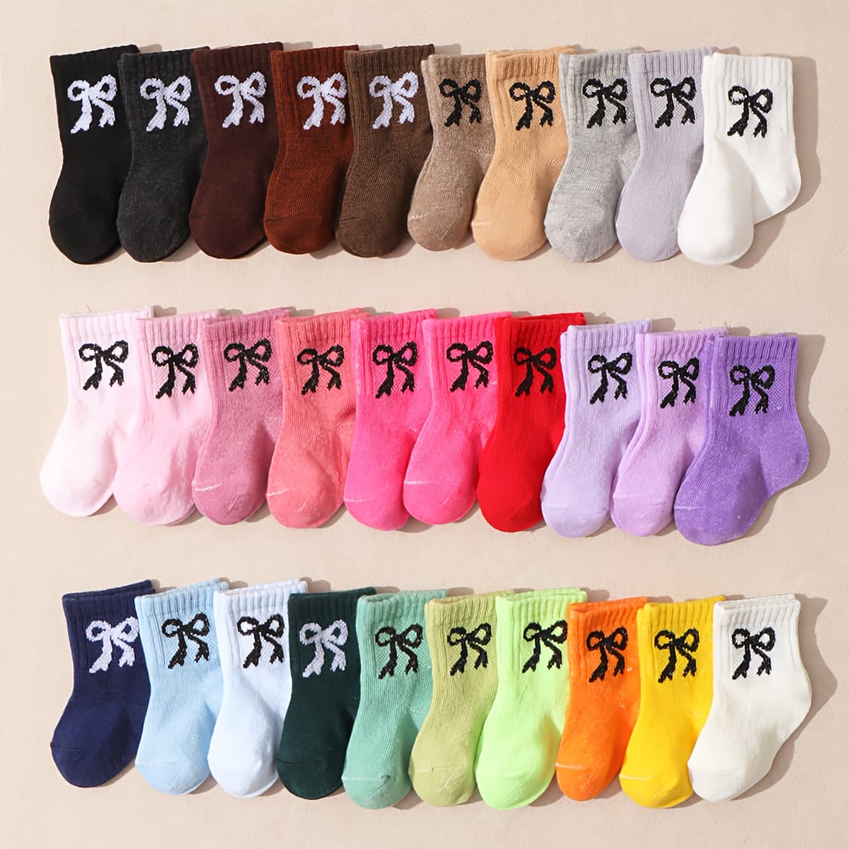 TEMU 12 Pairs Of Children's Mid-calf Socks With Random Candy-colored Bow Patterns
