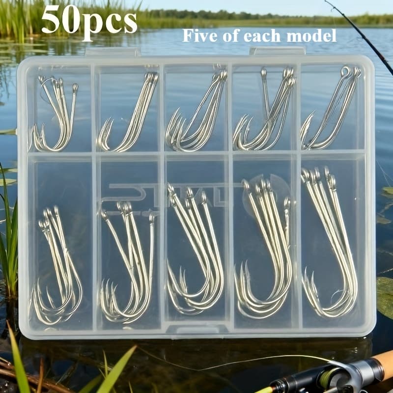 TEMU A Box Containing 50 Silvery Long-shank Hooks In Mixed Sizes - High Strength, Good Resistance, Suitable For Freshwater And Saltwater, Effective For Catfish, , Trout, , Tuna, And Fish
