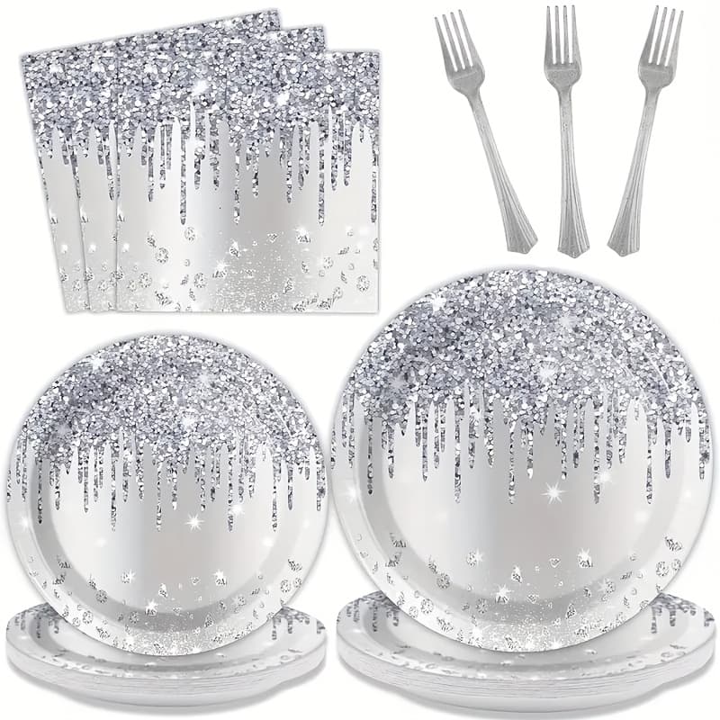 TEMU 88pcs Silvery Diamond Party Supplies Set | Heavy-duty Disposable Dinner Plates, Dessert Plates, Napkins, Tail Forks | Serves 22 Guests | Ideal For All Party Decor