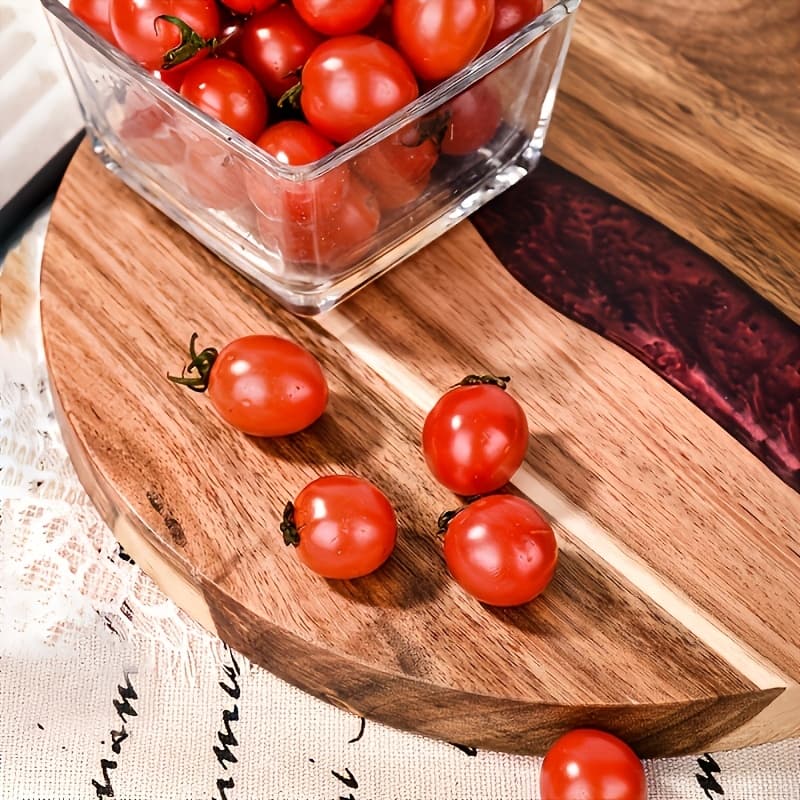 TEMU Premium Acacia Wood & Resin Round Cutting Board - Food-safe Kitchen Tray For Steak, Snacks, Fruit | Ideal For Home & Restaurant Use