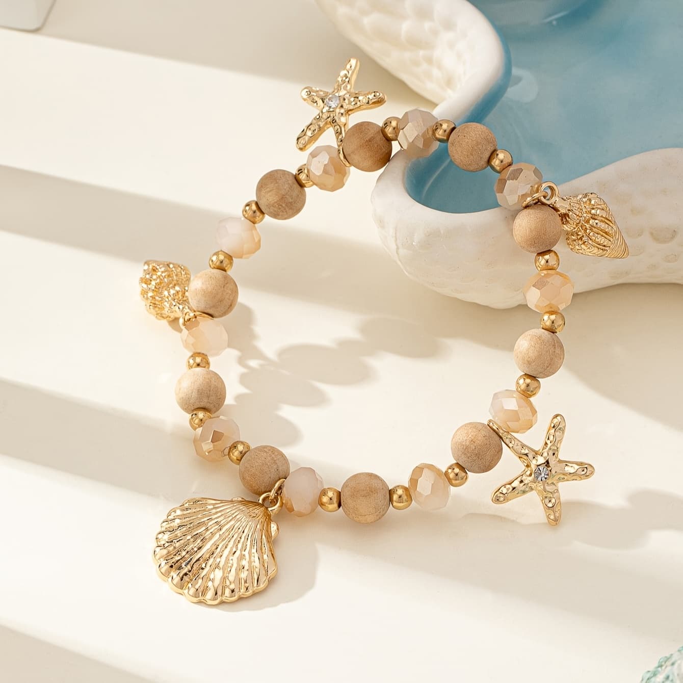 TEMU A Bohemian Beach Starfish Seashell Conch Handmade Rosary Summer Design Fashionable Versatile Women's Bracelet