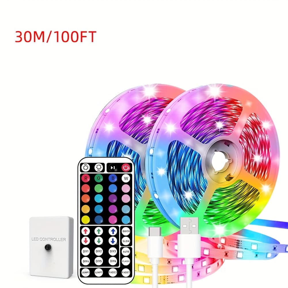 TEMU Led Strip Lights Smart App Control Music Sync Color Changing And Timing Function Rgb Led Light Strip With 44-key Remote, For Room Decor And Living Room, Dormitory, Party Decoration Tv Backlight