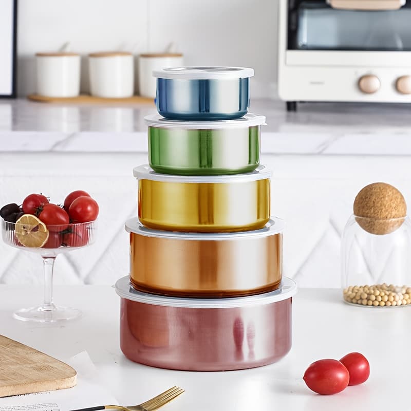 TEMU 5pcs/set Stainless Steel Food Storage Containers With Lids, Suitable For Vegetables, Fruits, Kitchen Supplies