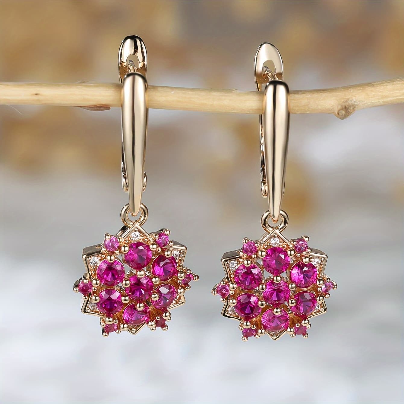 TEMU Luxurious Pink Synthetic Zirconia Flower-shaped Women's Fashion Pendant Earrings Party Birthday Gift Engagement Wedding Earrings Anniversary Gift