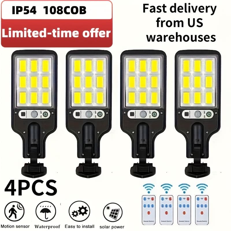 TEMU 4/8/16pcs Outdoor Solar Street Lights, Wall Lights, Sensor Courtyard Lights With Remote Control, 108 Cob - 3 Lighting , Ip54 Waterproof, Suitable For Gardens, Patios, , Outdoor Solar Wall Lights.