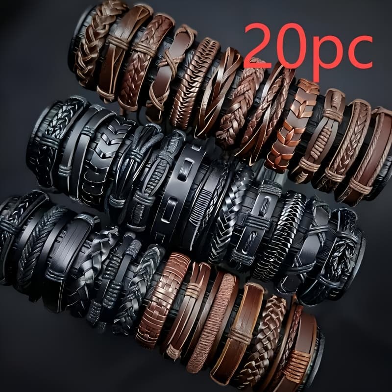 TEMU 20pcs Set Of Hand-woven Pu Leather Bracelets (alloy Accessories Not Included), Adjustable Bangle Bangle Bracelet Set, Men's Bangle Bangle Bracelet Set, Halloween And Christmas Gift