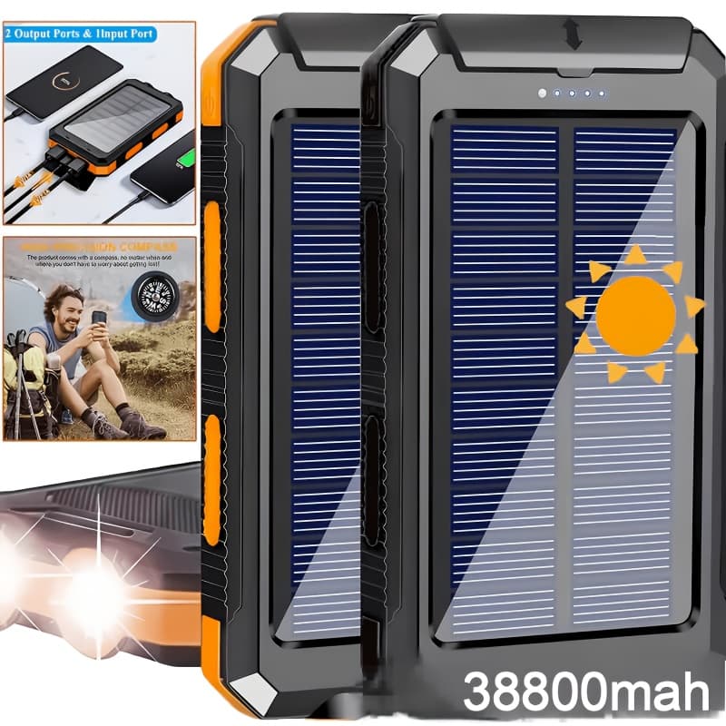 TEMU Solar Power Bank 38800mah, Portable Outdoor Solar Charger With Type-c Input Port Dual Flashlights & Usb Outputs External Backup Battery Pack For Cellphones, Tablets And More