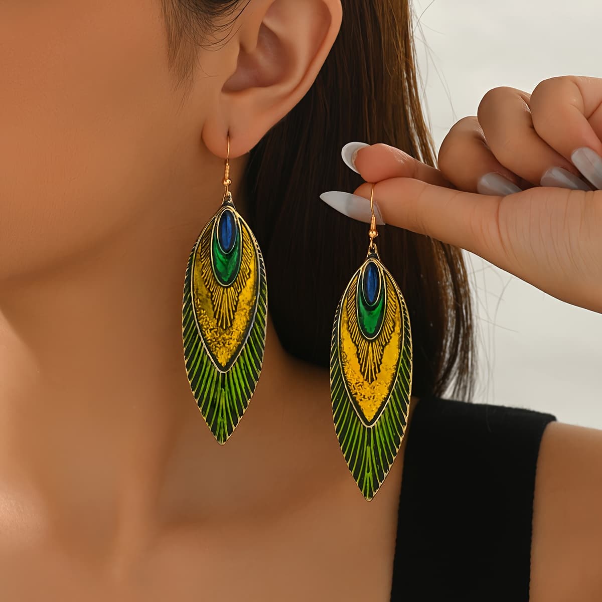 TEMU Fashionable Creative Phoenix Tail Feather Enamel Drip Glaze Drop Earrings