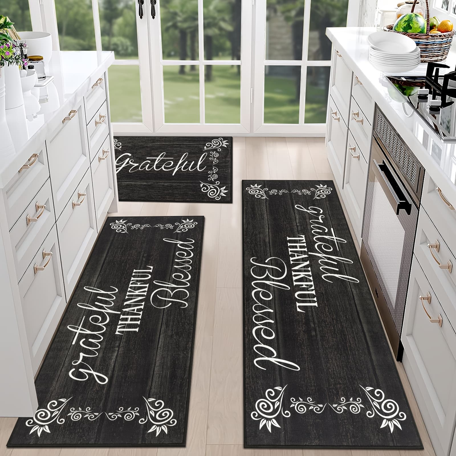 TEMU Grateful Kitchen Mat Sets 3pcs, Washable Kitchen Mats For Floor, Non Slip Area Mat Floor Mat For Kitchen, Laundry Room And Hallway