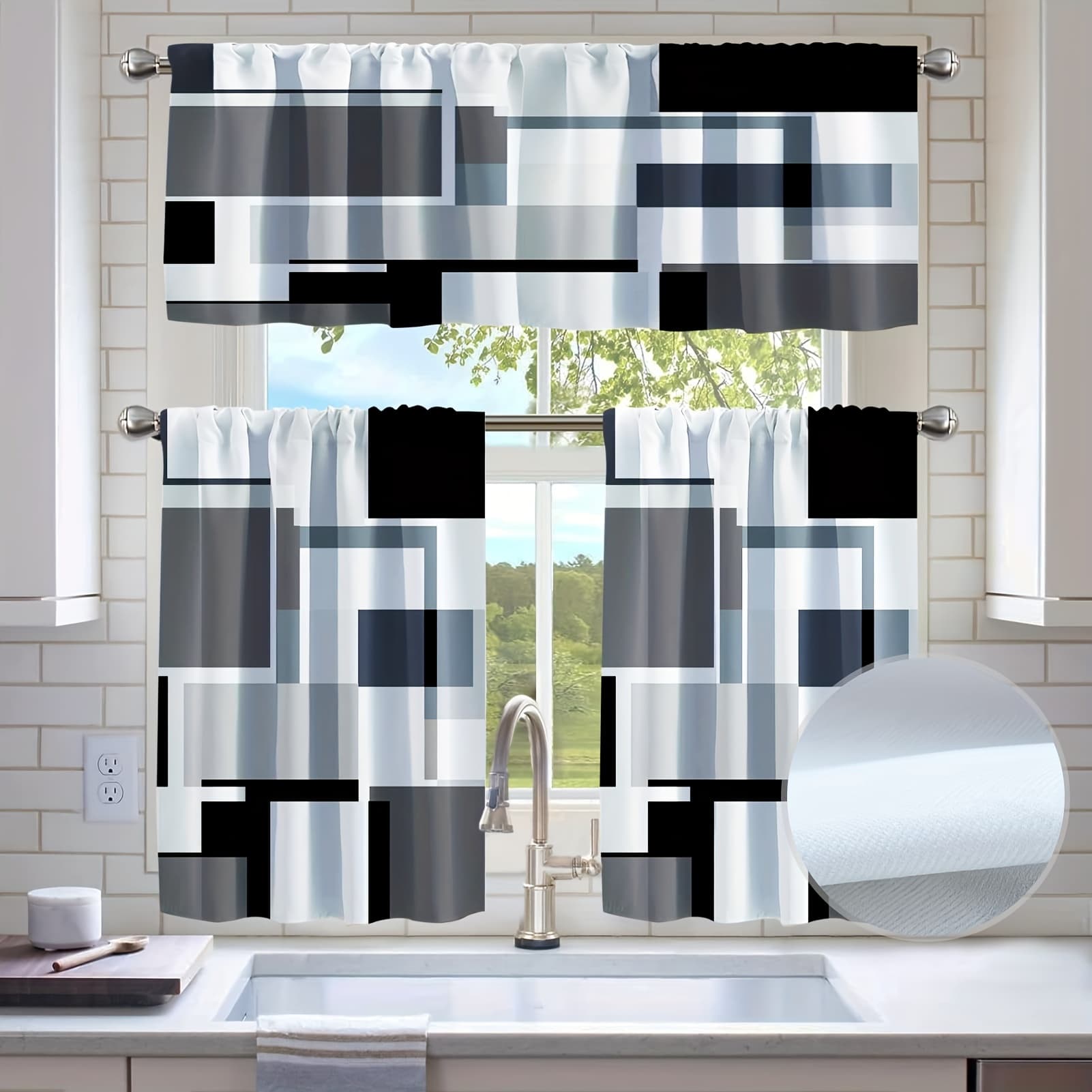 TEMU 3pcs Black Geometric Blackout Kitchen Window Tier Curtains And Valance Set, 36 Inch Window Curtains Set With Rod Pocket, Abstract Art Curtains Set For Small Windows, Living Room Or Bathroom