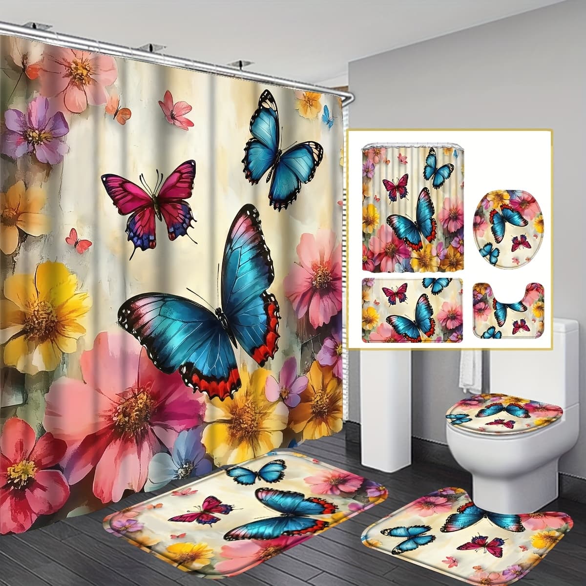 TEMU 4pcs Colorful & Shower Curtain, Vibrant Floral Bathroom Curtain With 12 Hooks, Non-slip Bathroom Mats, A U-shaped Toilet Mat, A Toilet Seat Cover, Decorations