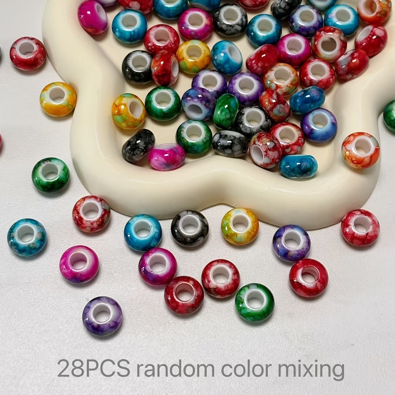 TEMU 28pcs/48pcs Acrylic Large Hole Printed Imitation Ceramic Wheel Beads, Random Mixed Colors, Jewelry Making Materials, Suitable For Earring, Necklace, Bracelet And Other Jewelry Additions