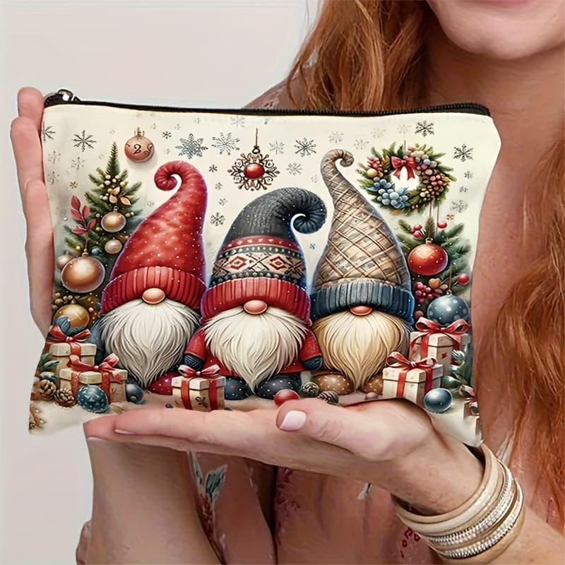 TEMU A Cute Cartoon Christmas Gnome Print Makeup Bag, Lightweight And Portable, Large Capacity, Multifunctional, Unisex, Perfect Gift For Christmas, Unscented, With A Positional Print Design