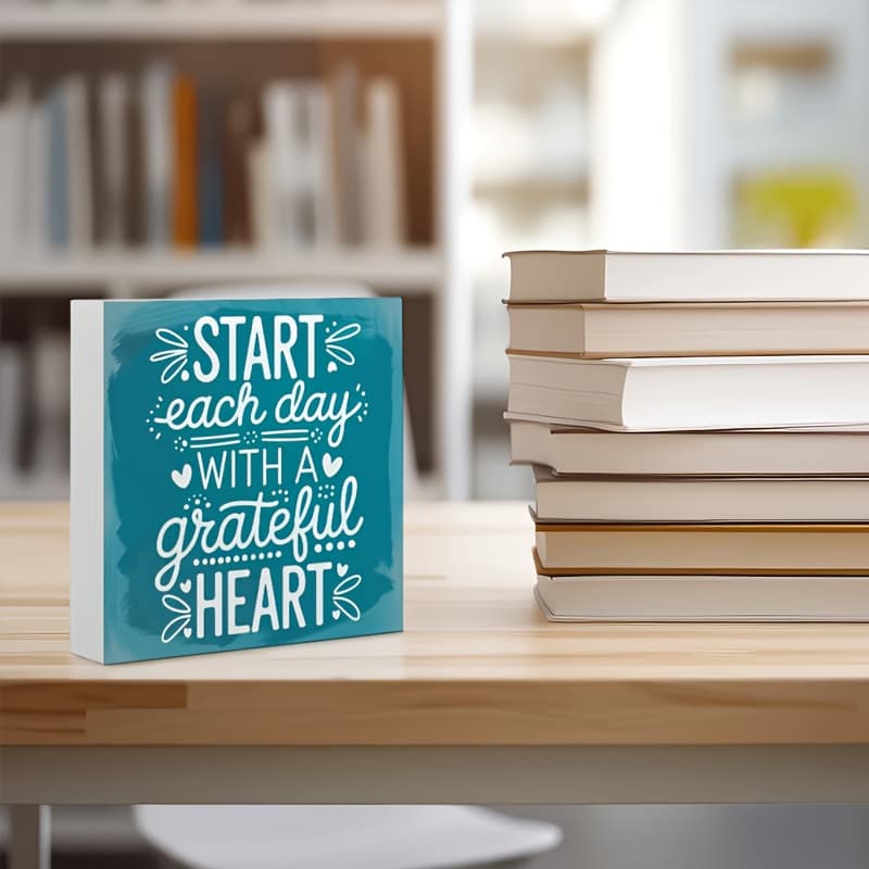 TEMU 1pc Rustic Style Pvc Plaque, Turquoise Background And "start Each Day With A Heart Of Gratitude" Inspirational Quote - 3.94x3.94 Inches Desktop Decor, Office Desk Decoration, Gift For Home Office
