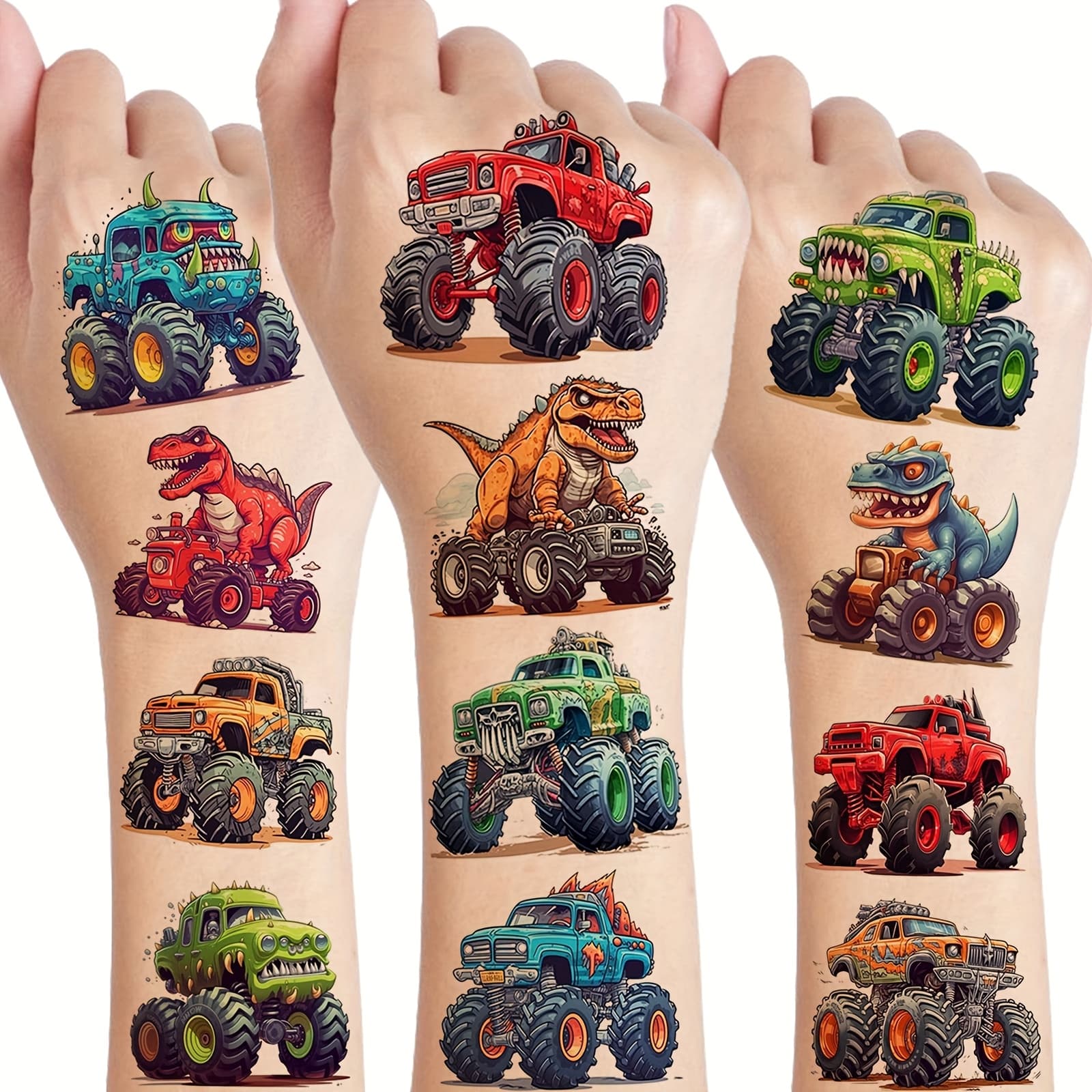 TEMU 50pcs 3d Monster Truck Temporary Tattoo, Dinosaur Race Car Temp Bulk Waterproof Fake Tattoo Stickers Body Face Arm, Party Favor Supply Basket Goodie Bags Stuffers Essentials Gifts