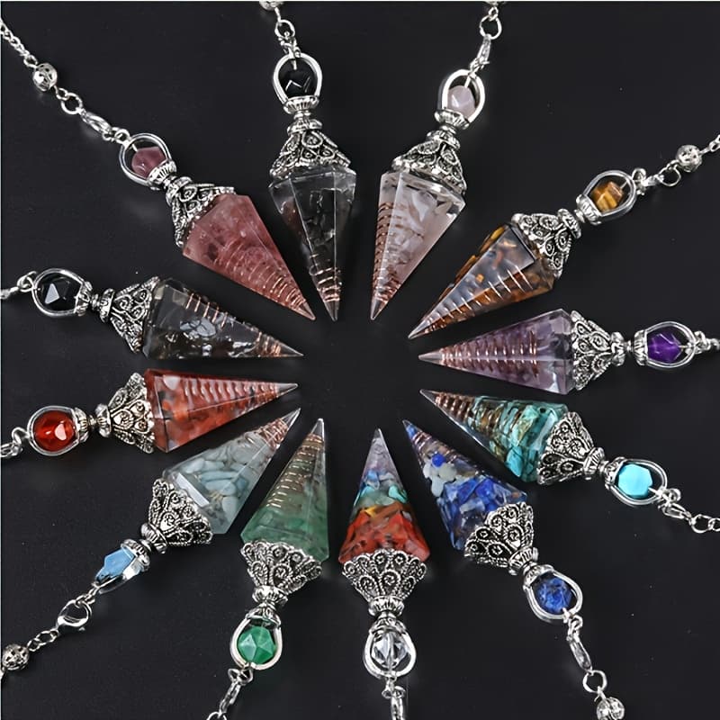 TEMU 5pcs Assorted Varieties Pendulum Natural Stone Resin Crushed Stone Pendulum Pendant Crystal Quartz Agates Drip Hexagonal Cone Pendant Jewelry Accessory
