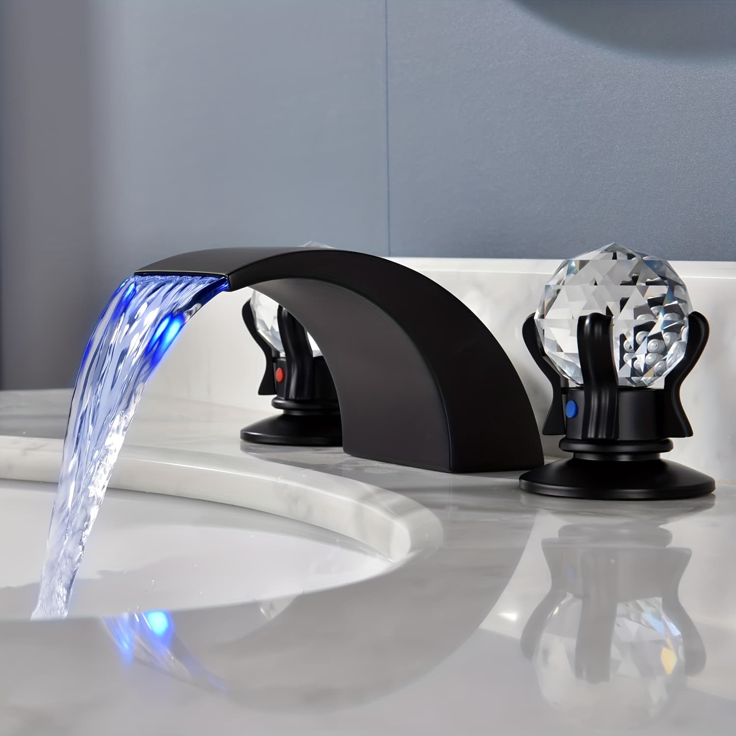 TEMU Waterfall Bathroom Faucet 3 Hole Led Waterfall Sink Faucets With Dual Crystal Handles Basin Mixer Tap, Modern Waterfall Vanity Faucet, 3 Colors Led Faucet, Matte Black, Brushed Nickel