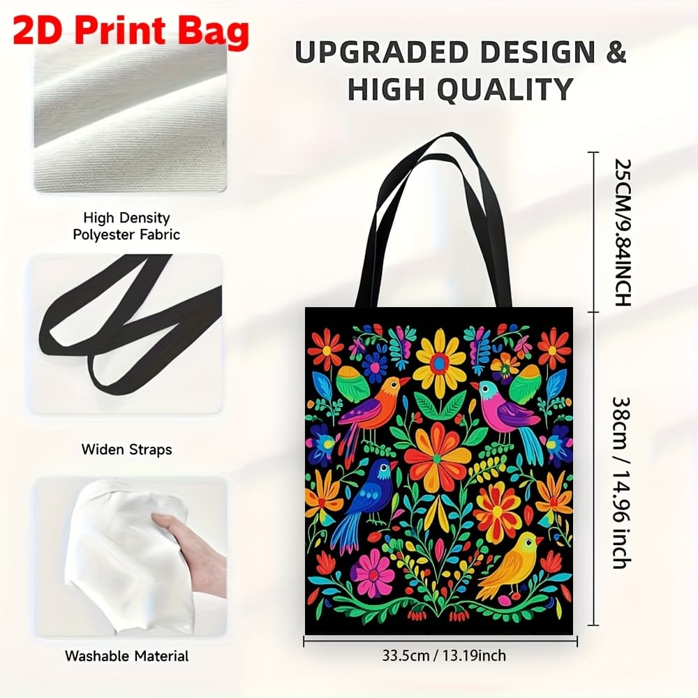 TEMU 1 Piece Of A Mexican Wind Tote Bag Featuring Vibrant Flowers And Birds, Reusable And Versatile, Perfect For Shopping, Suitable For Men And Women