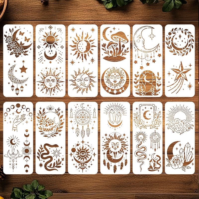 TEMU Set Of 12 Bohemian Celestial Stencils | Reusable Pet Painting Templates Including , Crystals, And Elements – Spiritual Art Stencils For Journals, Walls, Fabrics, And Crafts
