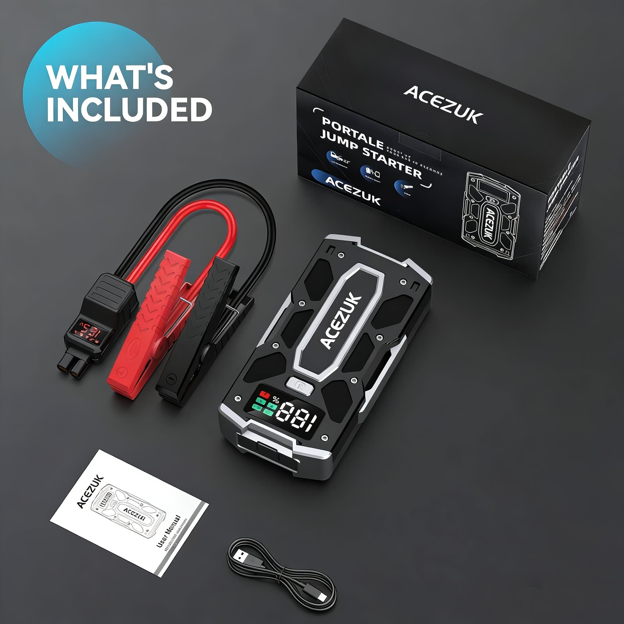 TEMU Car Battery Starter 7000a Jump Box (10.0l Gasoline/ 8.0l ), Portable Car Pack With Extended Smart Jumper Cables, Fast Charging, Large Display, Lights
