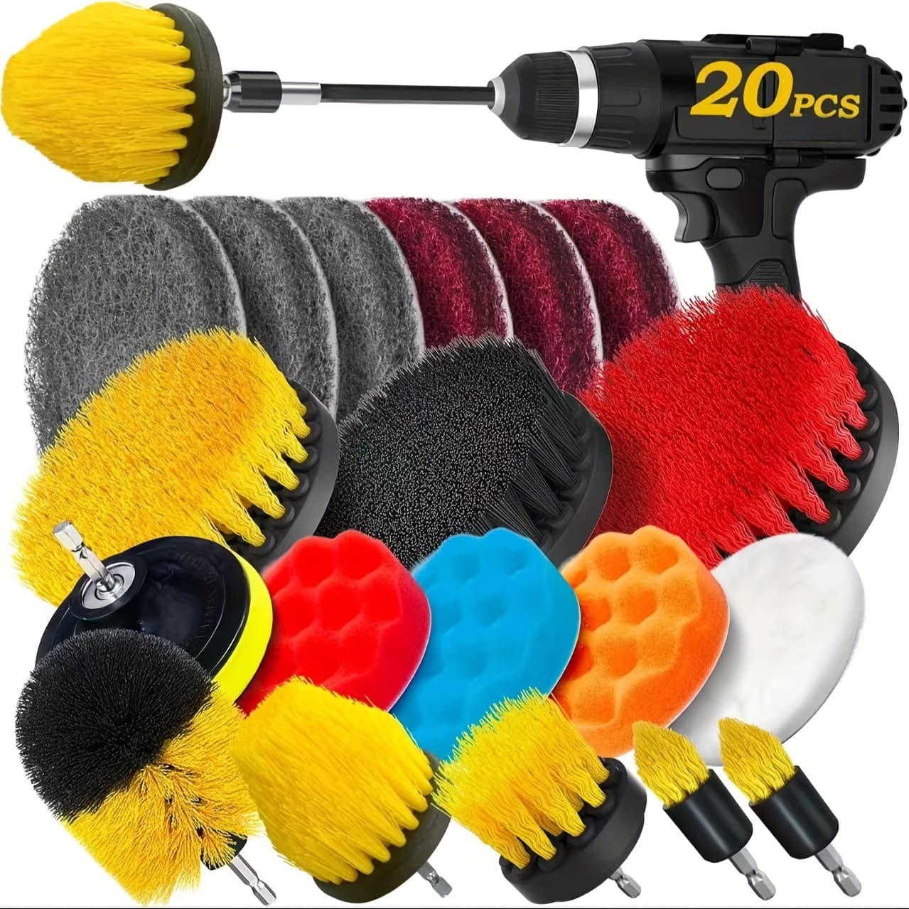 TEMU 20pcs/11pcs Drill Brush Accessory Set, Sanding Pad And Sponge, Electric Cleaning Brush With Extension Long Accessory For Cleaning Grout, Tiles, Sinks, Car Polishing Pads
