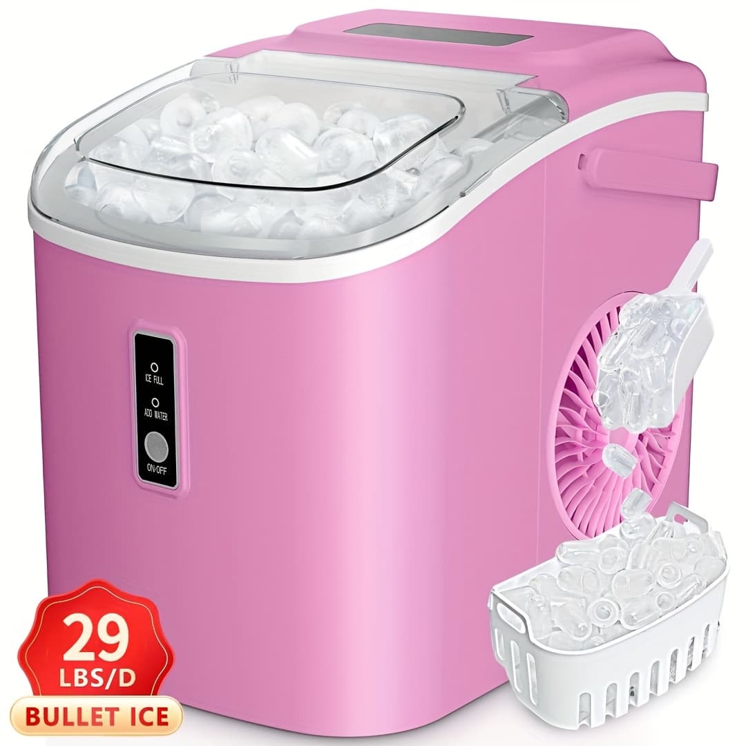 TEMU Countertop Ice Maker Machine For Outdoor, 29lbs Per Day, 9 Cubes In 6 Mins, For Bbq//camping/rv (pink)
