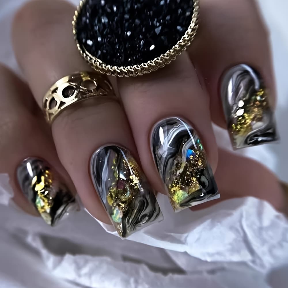 TEMU 24pcs Of Medium-sized Square Fake Nails, Designed With A Sweet, Cool, Dark Style Featuring Gradient, Stickers, And Removable Fake Nails