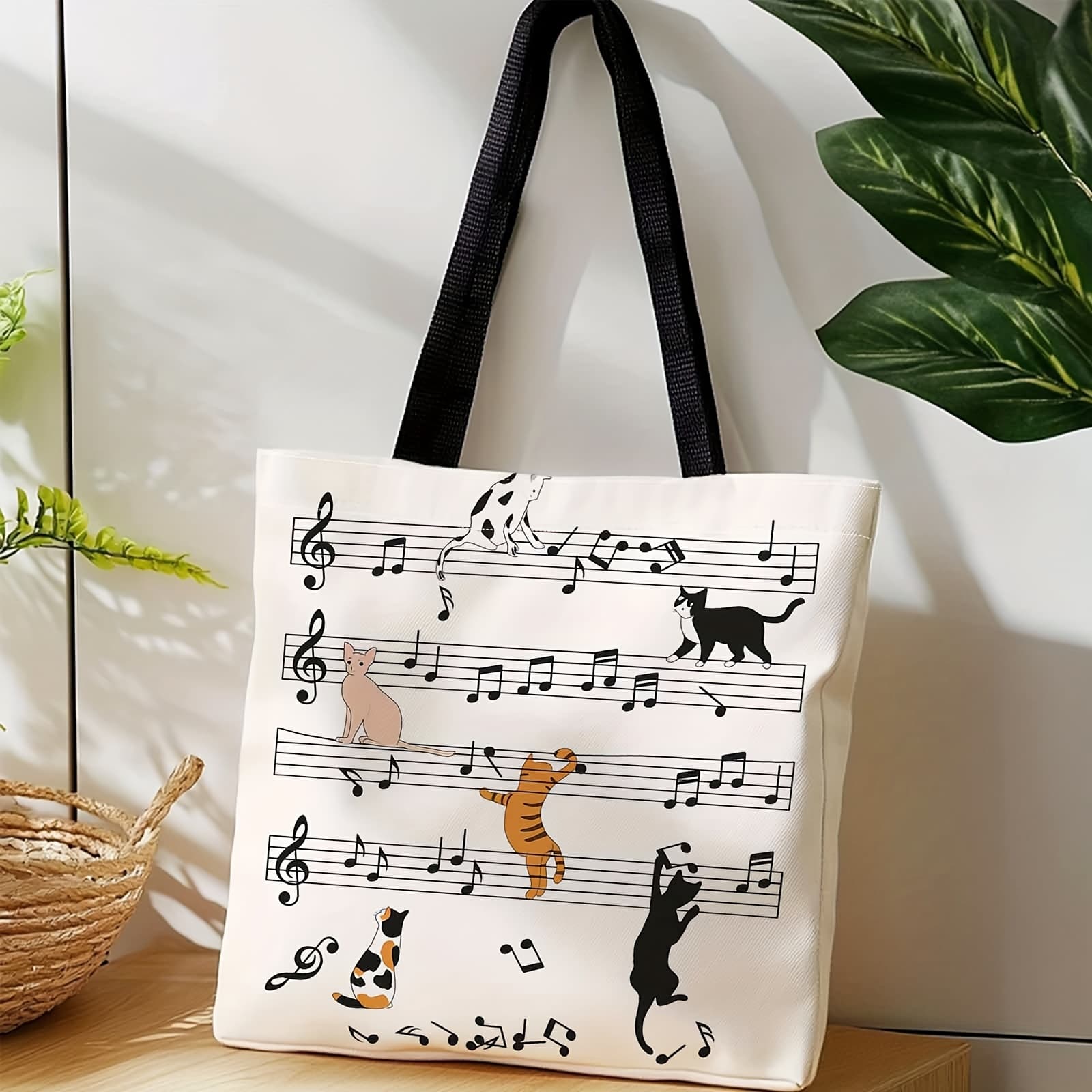 TEMU Musical & Themed Tote Bag Suitable For Travel, Daily Use, Gifts - Machine-washable Sheet Music With Double Handle, For Fashion & Music Lovers, For Teenager