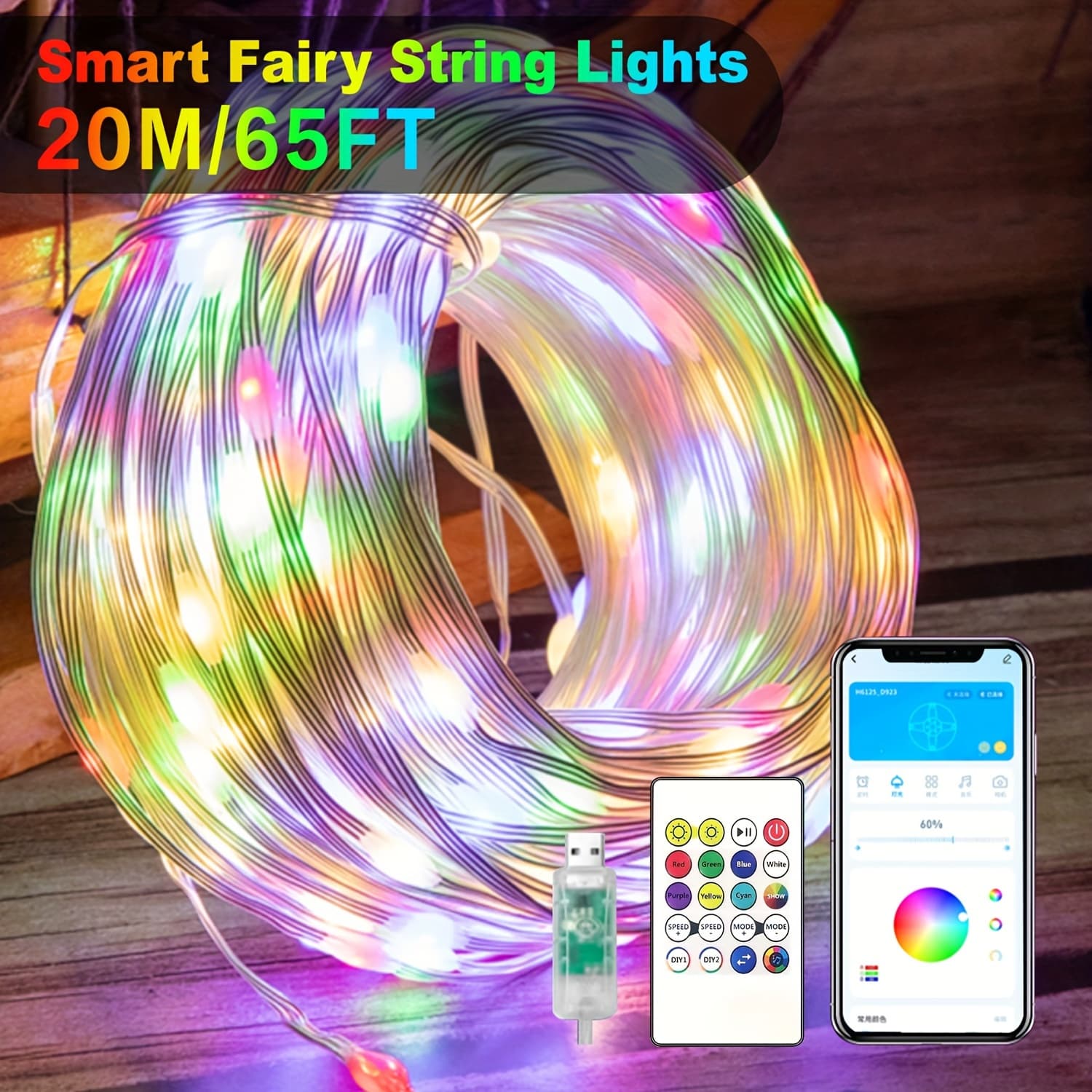 TEMU 32/50/65ft Ic-rgb Smart Fairy Lights, Led Fairy Tale Lights, App & Remote Control, Music Sync Color Changing, Usb Powered, Perfect For Weddings, Bedrooms, And Holiday Party Decorations