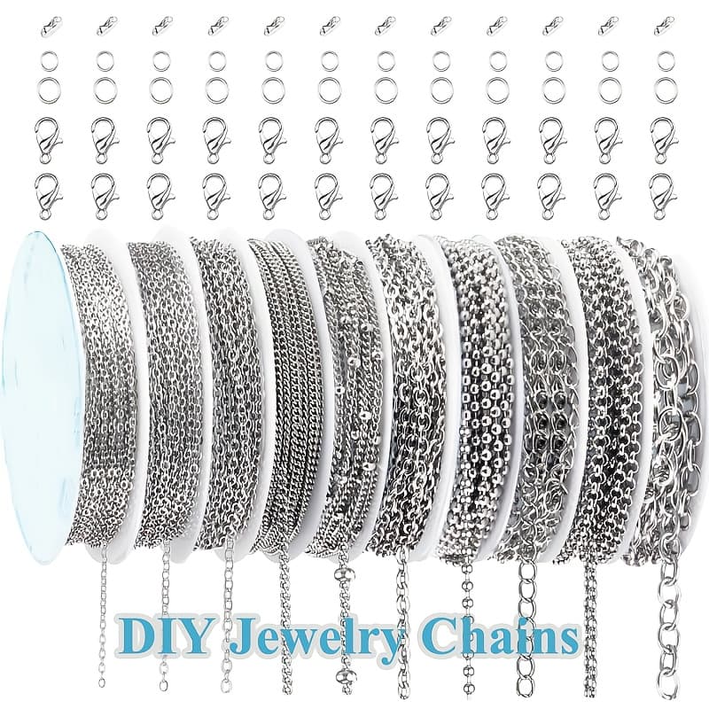 TEMU Jewelry Making Necklace Chains, 73 Feet Of Stainless Steel Chains In 10 Rolls For Necklaces And Bracelets, Complete With Stainless Steel Jump Rings, Lobster Clasps, And Connectors