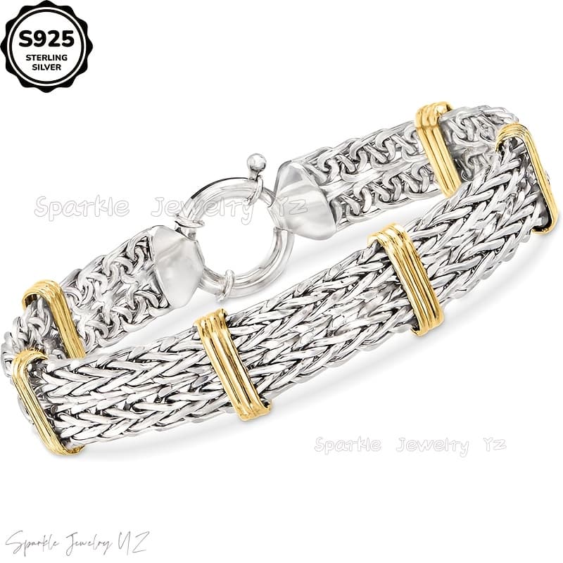 TEMU S925 Sterling Silvery Two-color Wheat Chain Bracelet, High-quality Design Product, Ladies' Jewelry, Ladies' Bracelet, Anniversary, Valentine's Day And
