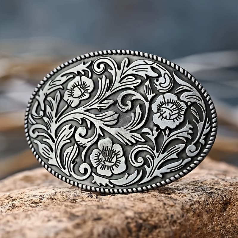 TEMU A With An Elliptical Flower, Green Leaves, And Spiral Patterns With Styles Of Belts.